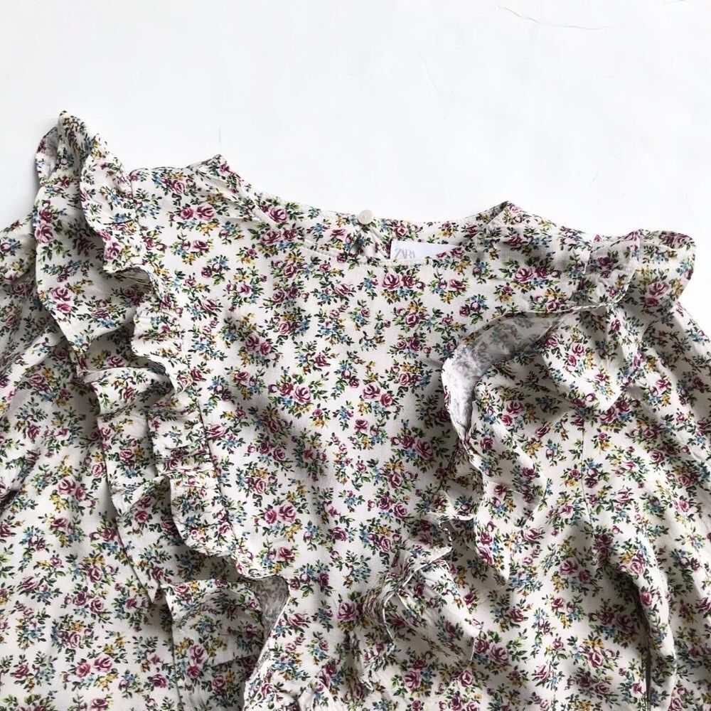 Zara neutral florals ruffle blouse EUC 11-12Y - Picture 2 of 5